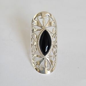 Vintage Boho Oblong Marquis Black Onyx Cabochon Filigree Sterling Silver Ring